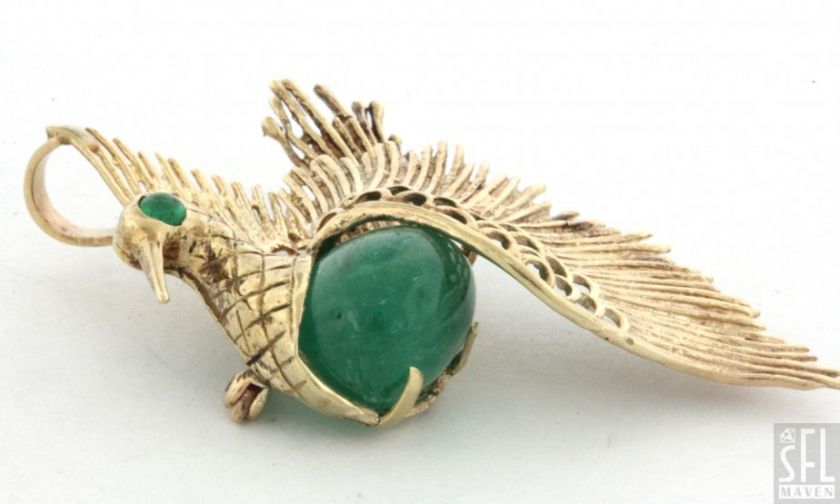 HEAVY 14K GOLD 12.0CT EMERALD SWAN DESIGNER PIN/BROOCH/PENDANT  