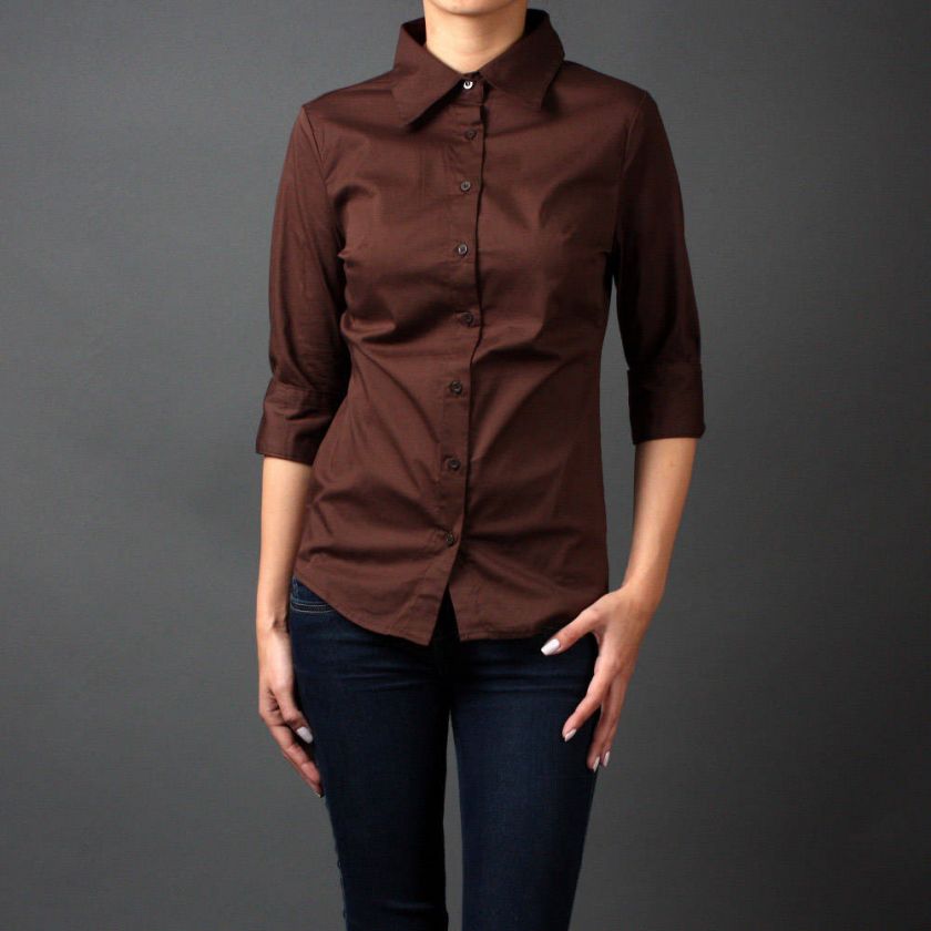 Women 3/4 Sleeve Career Office Skinny Fit Button Down Shirts Blouse sz 