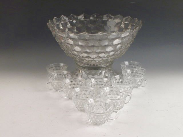 Fostoria Crystal American Punch Bowl, Base & 10 Cups  