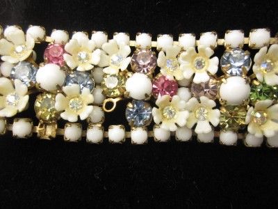   VINTAGE MILK GLASS,PASTEL RHINESTONE,PLASTIC FLOWER BRACELET*REPAIR