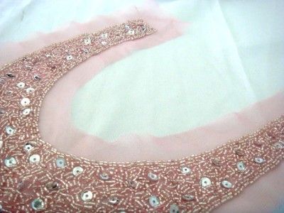 1Pc Pink Tulle Round Collar Yoke Neckline Applique w/ Silver Beads 