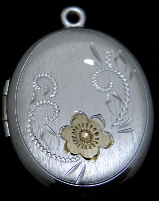 Sterling Silver Hand Engraved large Oval Locket w/ gold enamel flower 
