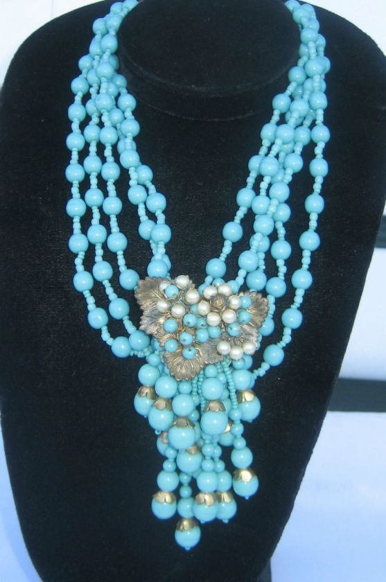   TURQUOISE MIRIAM HASKELL SIGNED 5 STRAND BEADED NECKLACE SET  