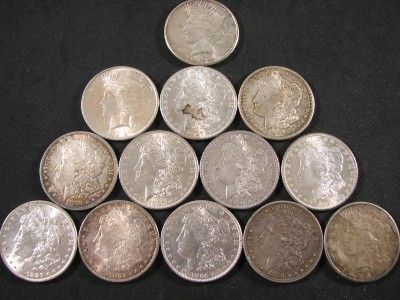 BAKERS DOZEN (13 COINS) VF BU MORGAN + PEACE SILVER DOLLAR LOT 