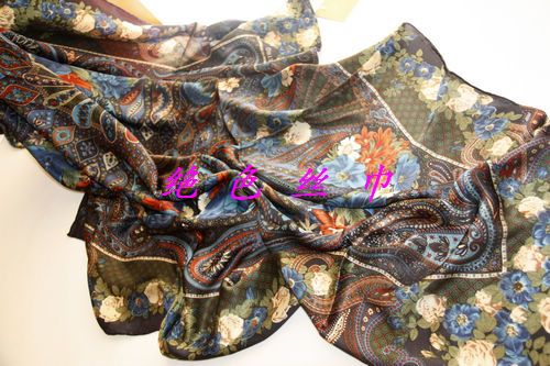 MAGIC LAND FLOWERS SILK SCARF BLUE 140X140 SUPER BIG SIZE 100% SILK 