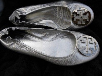 TORY BURCH REVA METALLIC SILVER LEATHER BALLET SHOES SZ 9 M  