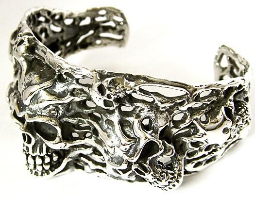 HUGE HELL SKULL SOLID STERLING SILVER BANGLE BRACELET  