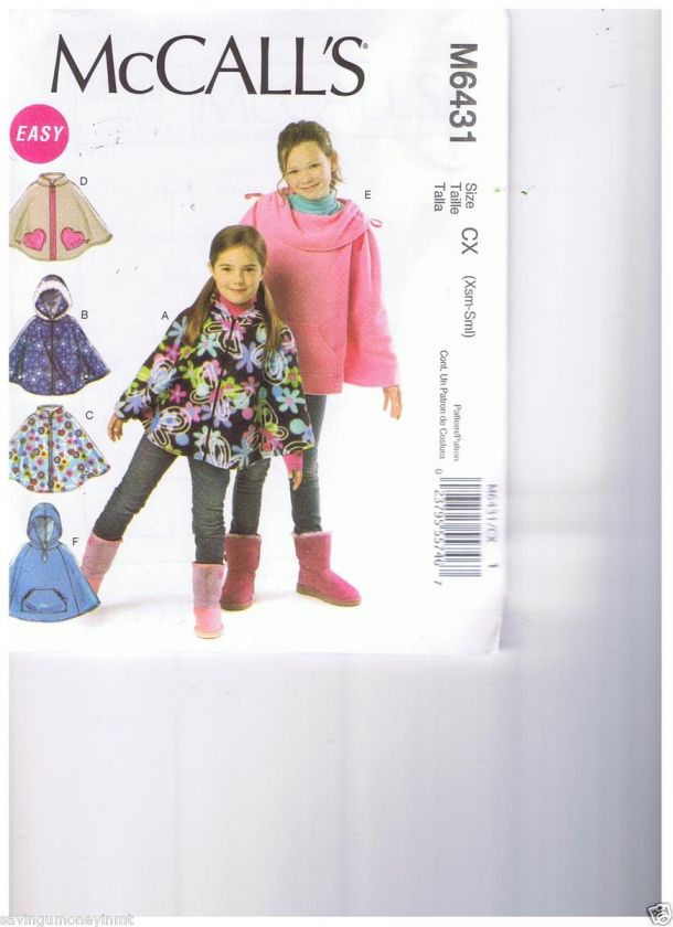 McCalls 6431 girls easy poncho;s fleece or vinyl hooded or not zip or 