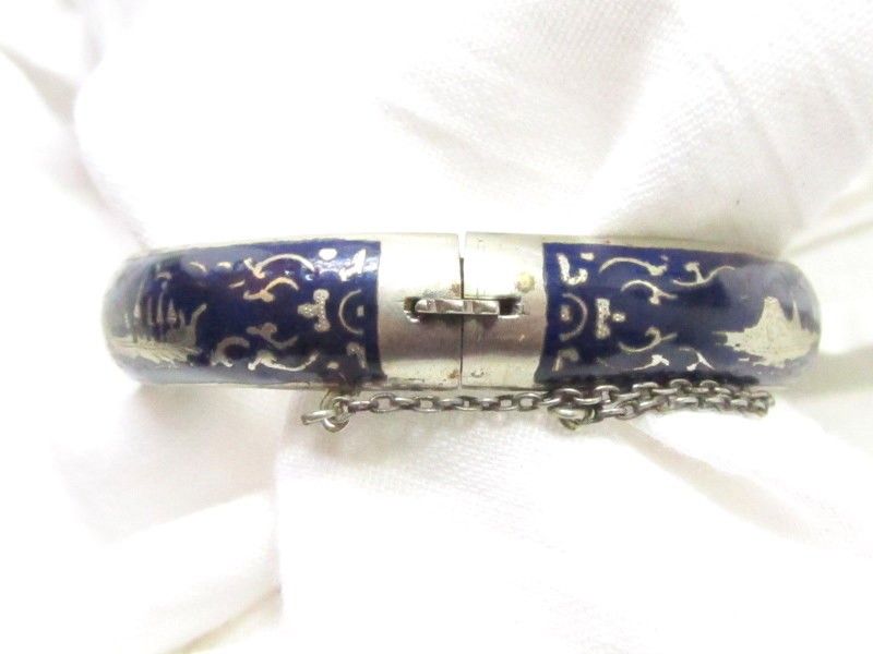 Old Vintage Blue Enamel Boats Thailand Bangle Bracelet  