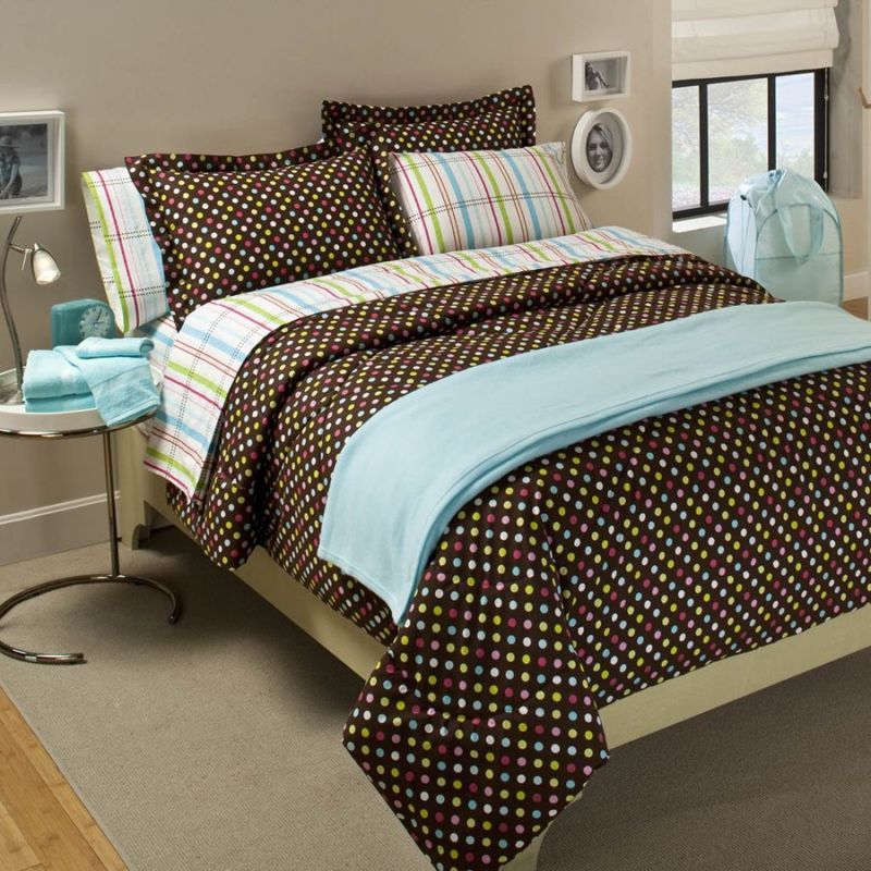 COLORFUL POLKA DOT TEEN QUEEN COMFORTER 13PC BED IN BAG  