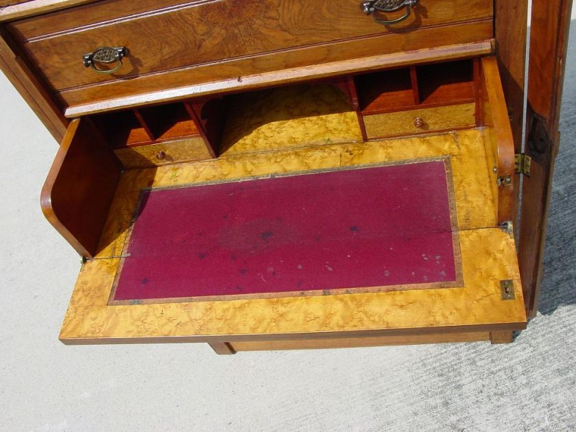 Burl Walnut Victorian Tall Chest Desk Dresser w Gallery  