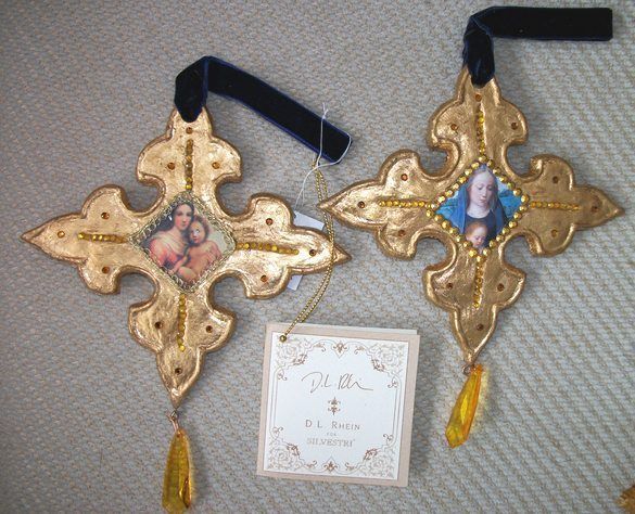 SILVESTRI 2 GOLD CROSS MADONNA AND CHILD ORNAMENTS  