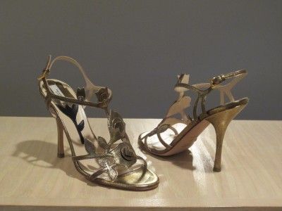 STUNNING PRADA MILANO BRONZE TULIP & LEAF CUT LEATHER STRAPPY HEELS 