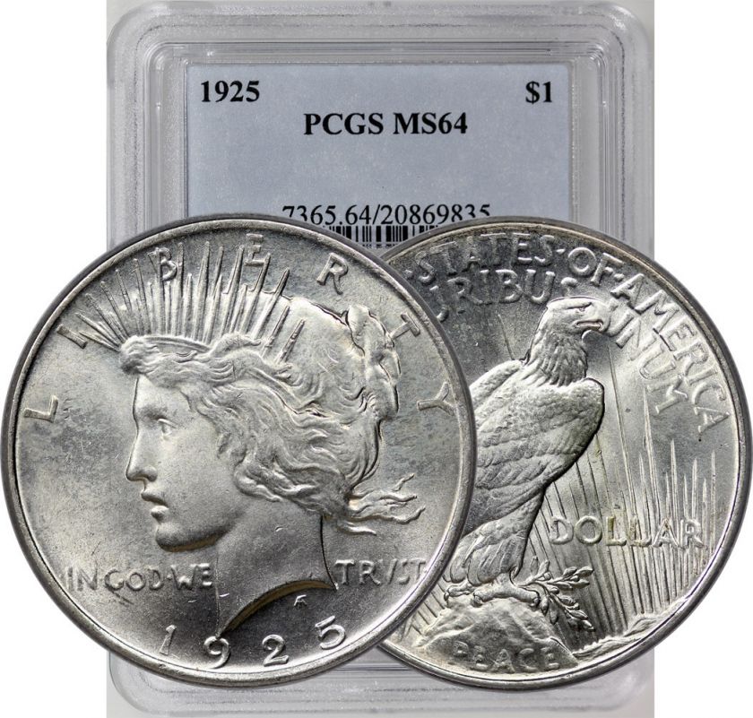 1925 PEACE DOLLAR PCGS MS64 GEM BU SILVER COIN  