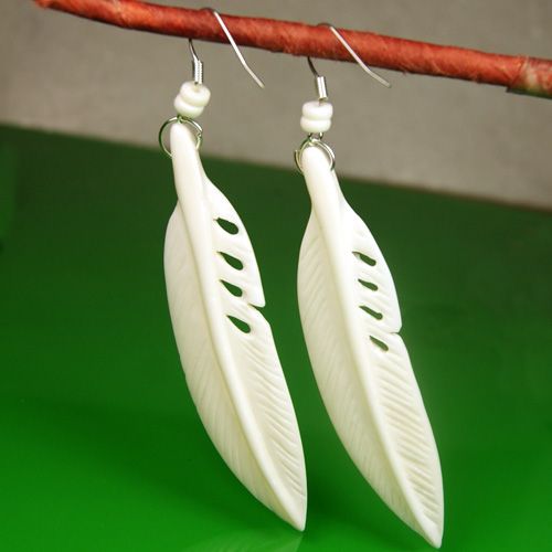 Charming Carved Yak Bone Feather Plume Pierced Earrings  