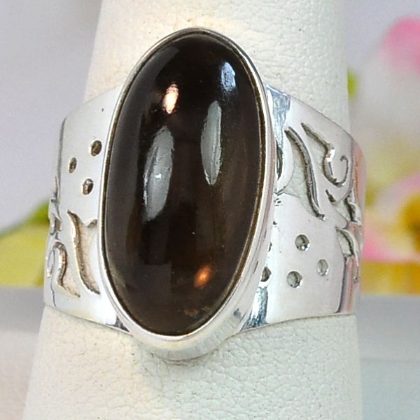 Size 7.75 Smoky Quartz(19x9mm) 925 Sterling Silver Ring 5.4gm SONATONA 