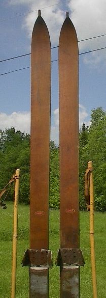 VINTAGE Wooden Skis 77 Long POINTS + OLD Bamboo Poles  