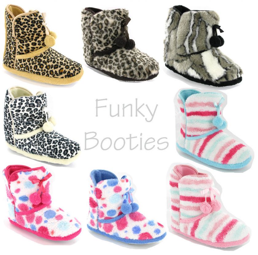 WOMENS GIRLS FUNKY FLUFFY SLIPPERS BOOTIES SIZE 3 8 UK  