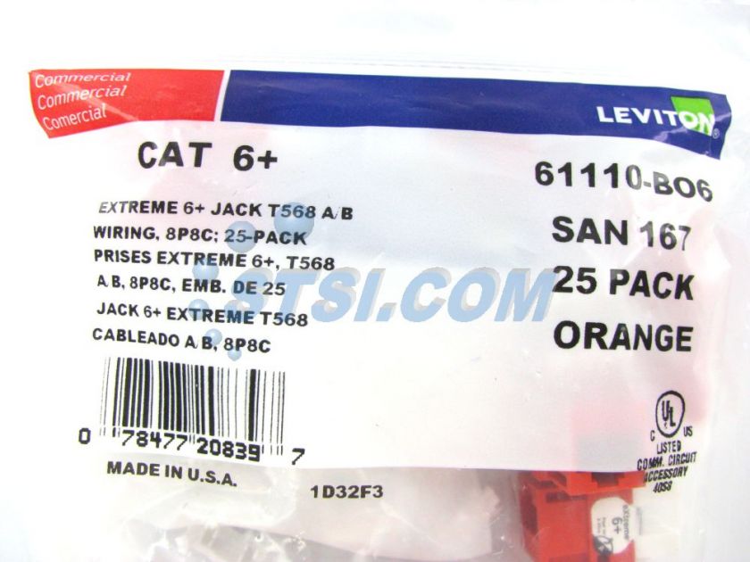 Leviton Cat6 QuickPort Jack 61110 BO6 Orange 25pk ~STSI  