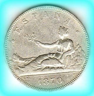 SPAIN   1870 M   5 PESETAS SILVER COIN. RARE   