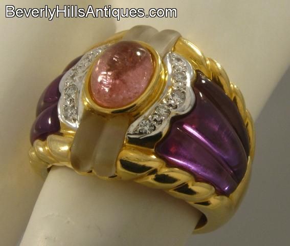 Pink Tourmaline Amethyst Rock Crystal Diamonds 18k Designer Ring 