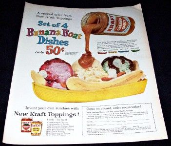   ICE CREAM TOPPINGS AD ~ BANANA SPLIT ~ PROMO Banana Boat Dishes ~ AD