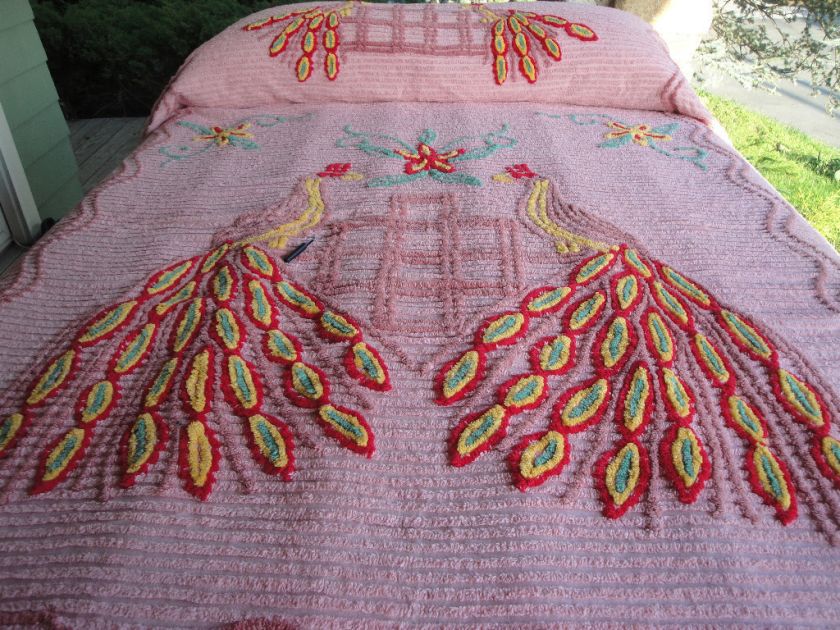 DOUBLE PEACOCK VINTAGE CHENILLE BEDSPREAD 88X100 RED YELLOW ROSE 