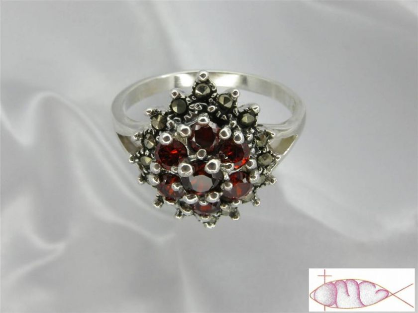 Sterling Silver Garnet Floral Cluster Ring size 8 9 10  