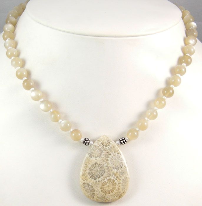 FOSSILIZED CORAL PENDANT MILKY MOONSTONE BEADS NECKLACE  