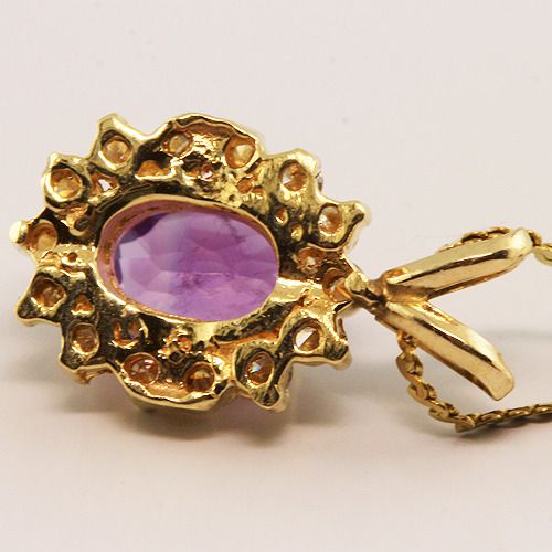   14K Yellow Gold Amethyst Diamond Cocktail Pendant Necklace  