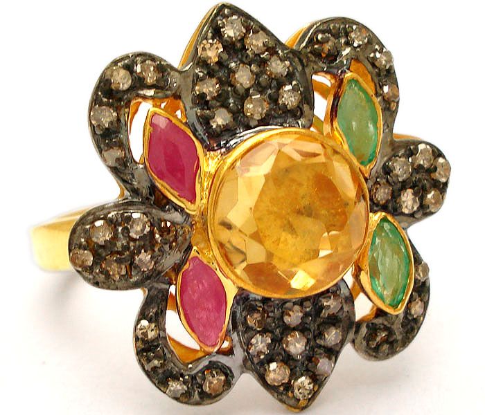 CITRINE RUBY EMERALD DIAMOND ESTATE VICTORIAN RING  