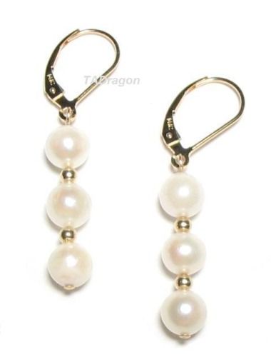 AAA Triple Akoya White Pearl 14K Yellow Gold Lever Back Earrings 