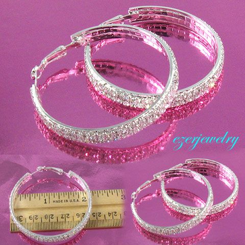 Silver tone Clear Crystals Circle Ring Hoop Earring e48  