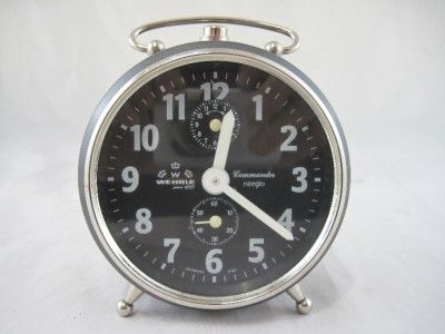 Old 1960s WEHRLE Wind Up COMMANDER ALARM CLOCK, NiteGlo WORKING, MADE 