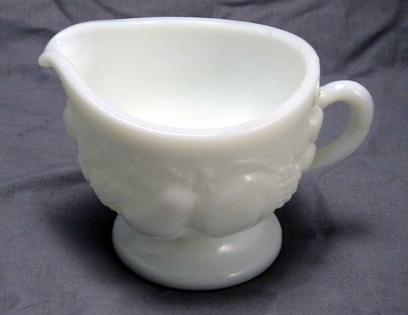 White Milk Glass Creamer with Raised Fruit Pattern  