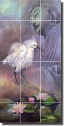 Macon Oriental Bird Lily Crane Art Ceramic Tile Mural  