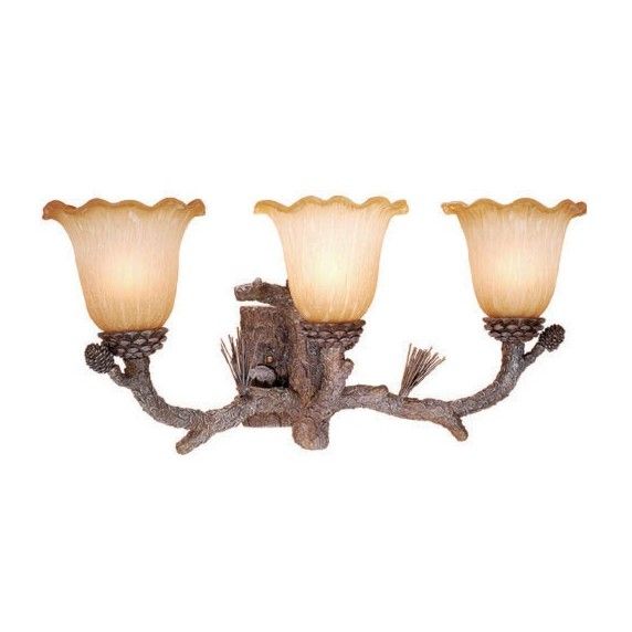 NEW 3 Light Rustic Pine Tree Bathroom Vanity Lighting Fixture, Amber 