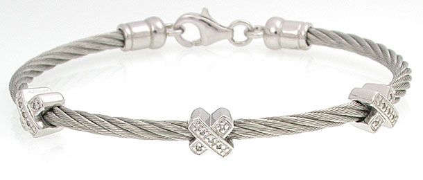 Stainless Steel & Silver Diamond X CABLE BANGLE BRACELET  