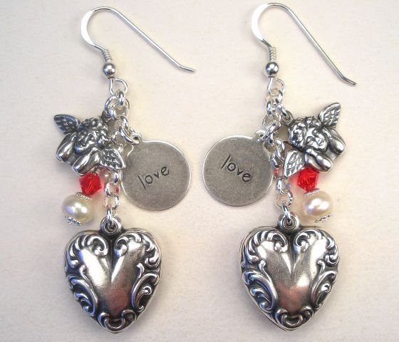 VALENTINES DAY HEART LOVE CHERUB SILVER CHARM EARRINGS  